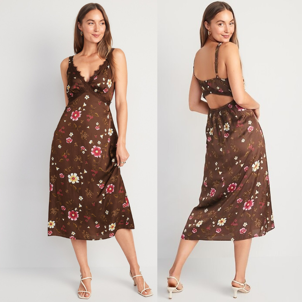 Old Navy Brown Floral Print Lace Trim Satin Cami Slip Shift Dress Womens L NWT